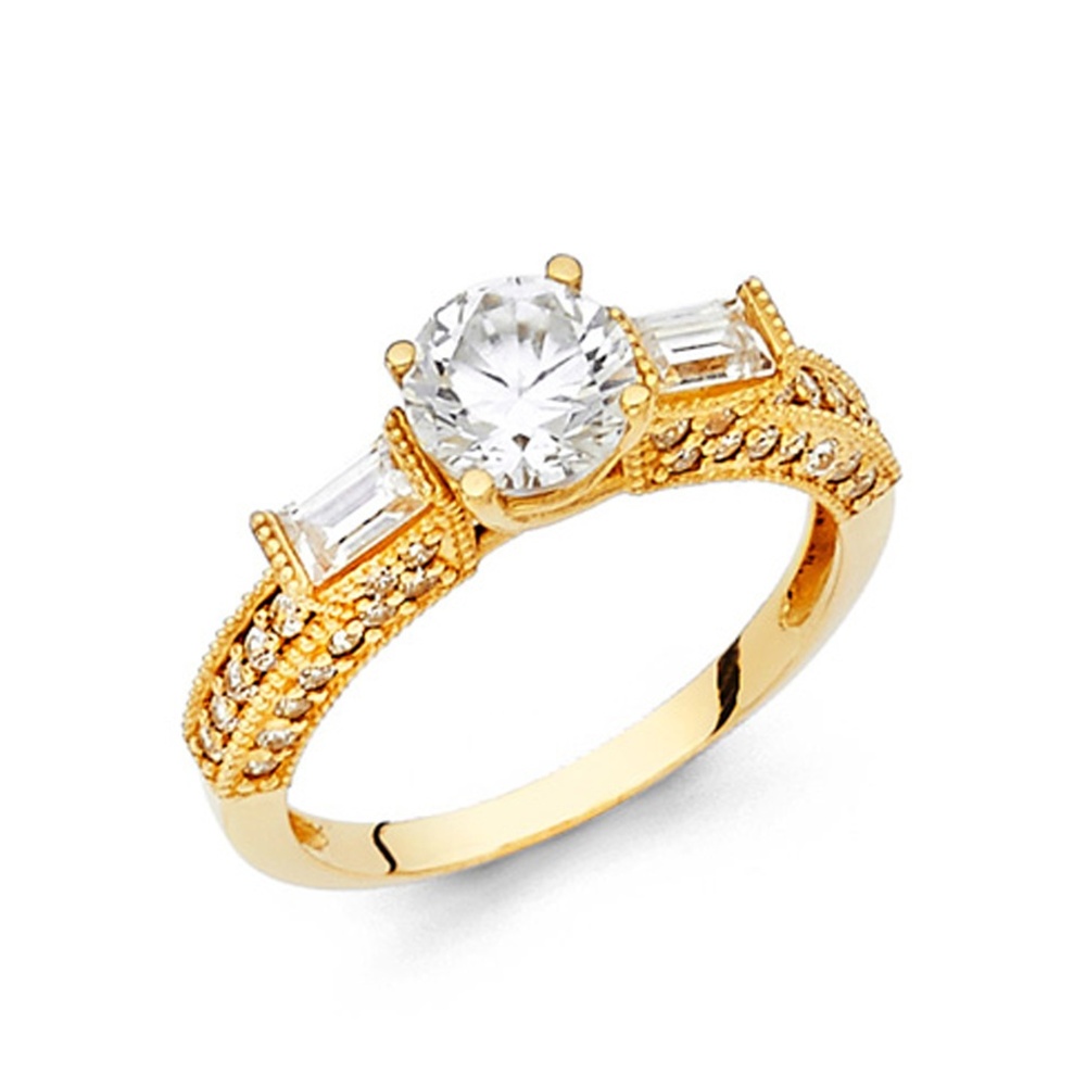 14k 1.25CT Round-Cut 4-Prong & Baguette CZ Ring